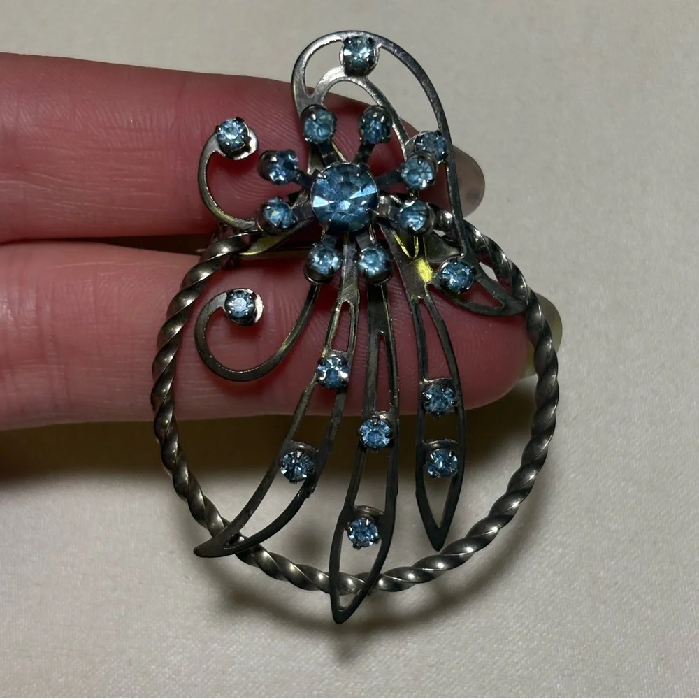 Vtg Fancy Silver Light Blue Rhinestone Brooch